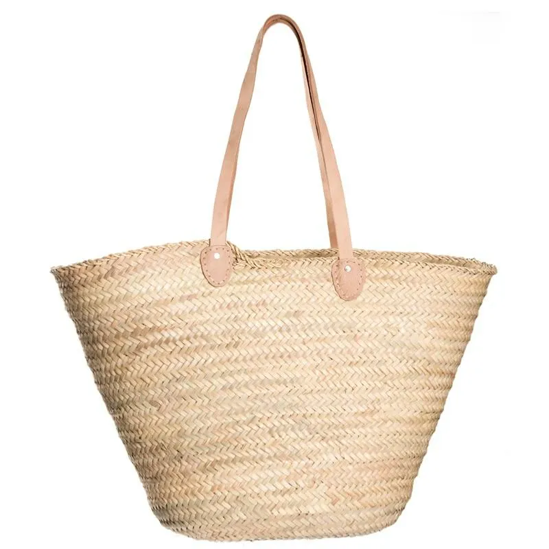 Cabas panier palmier anses cuir - 2 tailles L & XL