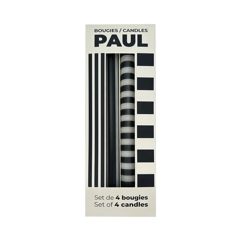 Set de 4 bougies longue rainuré blanc et noir "PAUL NOIR" 017442