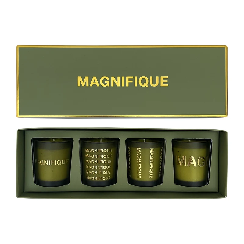 Coffret vert "MAGNIFIQUE" 4 mini pots parfum feu de bois bougies 017706