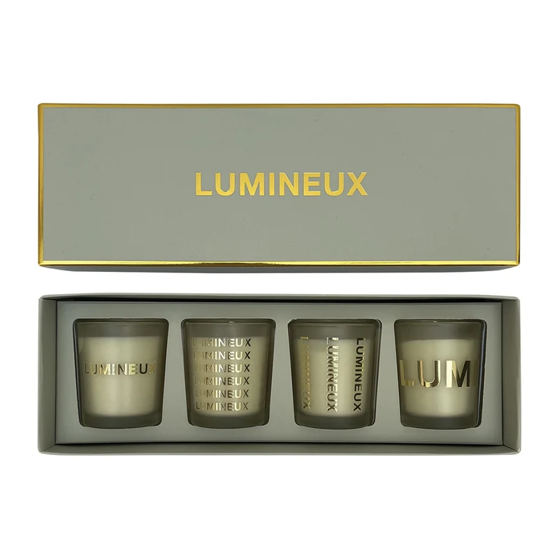 Coffret gris "LUMINEUX" 4 mini pots parfum jasmin bougies 017712