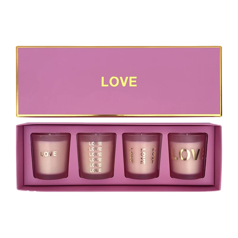 Coffret rose "LOVE" 4 mini pots parfum baies bougies 017709
