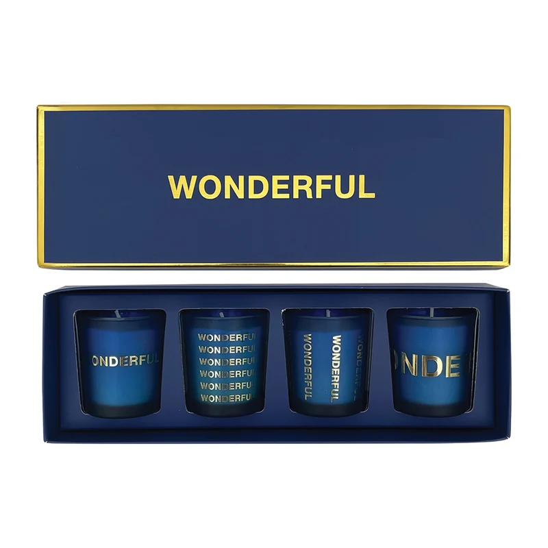 Coffret bleu "WONDERFUL" 4 mini pot fleurs oranger bougies 017708