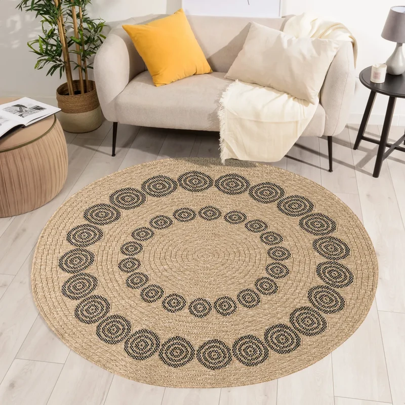 NATURE - Tapis rond aspect jute naturel à motifs géométriques noirs - NAT8868NOI