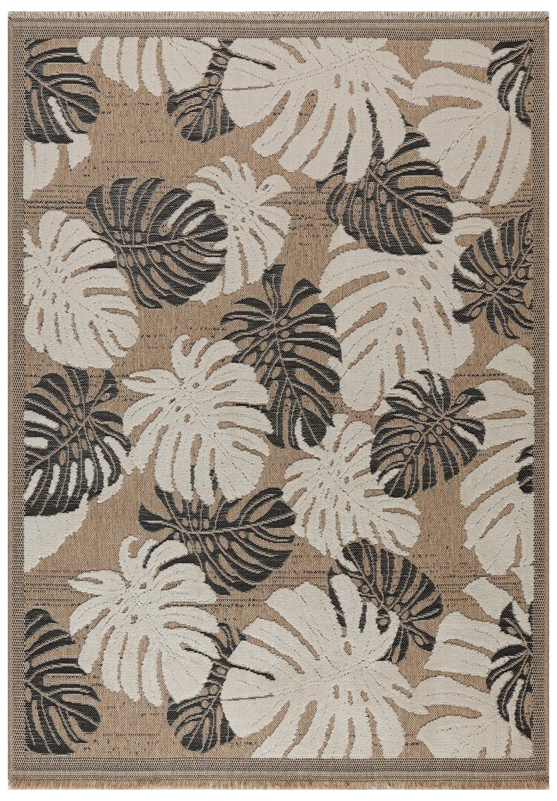 TULUM - Tapis de salon intérieur et extérieur noir aspect jute motifs feuilles - TUL9062NOI