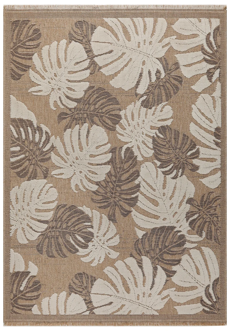 TULUM - Tapis de salon intérieur et extérieur marron aspect jute à motifs feuilles - TUL9062MAR