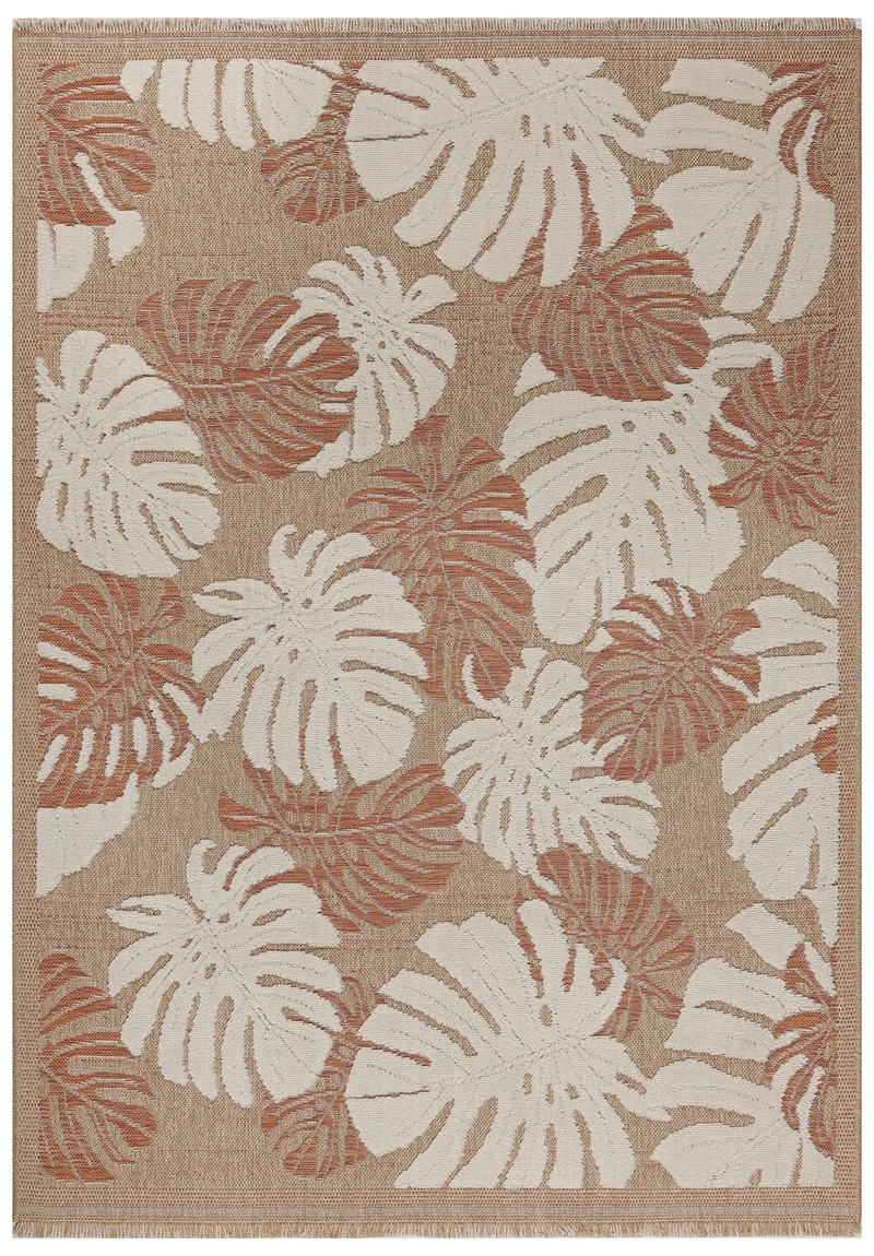 TULUM - Tapis de salon intérieur et extérieur rouge/terra aspect jute à motifs feuilles - TUL9062TER