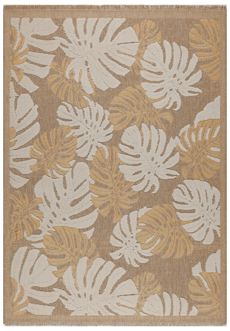 TULUM - Tapis de salon intérieur et extérieur jaune aspect jute à motifs feuilles - TUL9062JAU