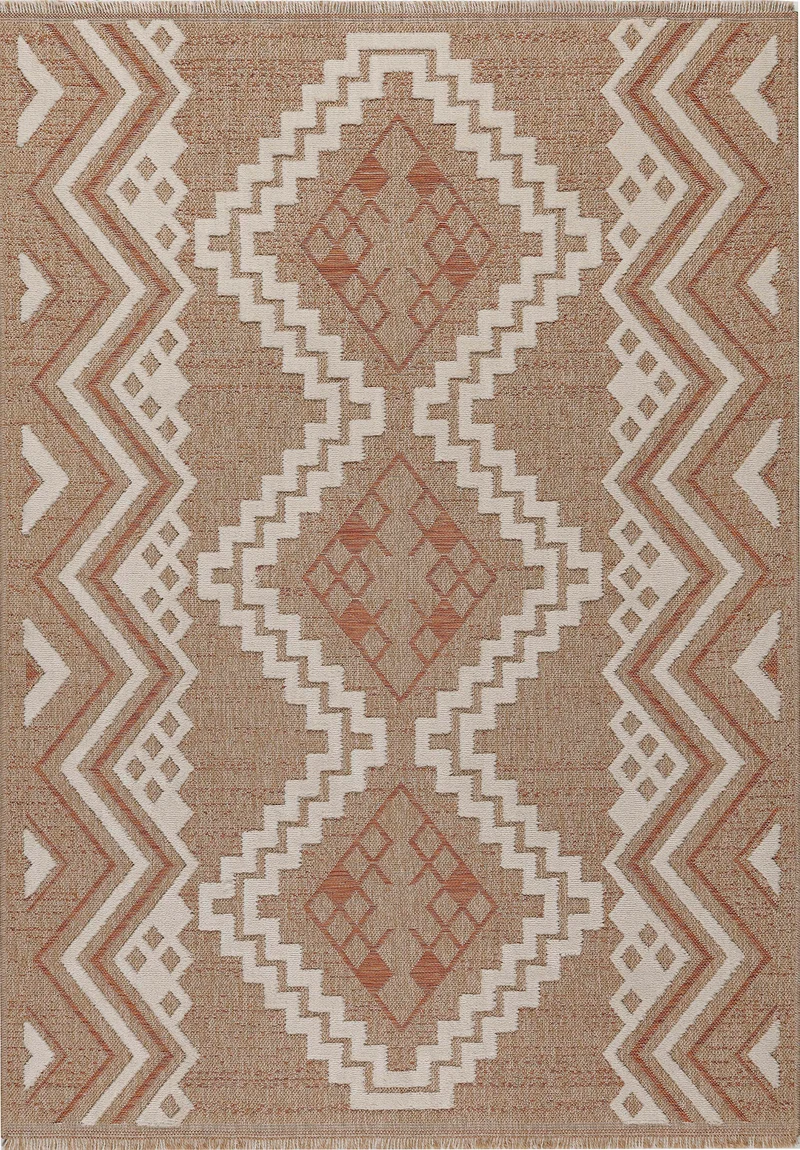 TULUM - Tapis de salon intérieur et extérieur rouge/terra aspect jute à motifs ethniques - TUL9054TER