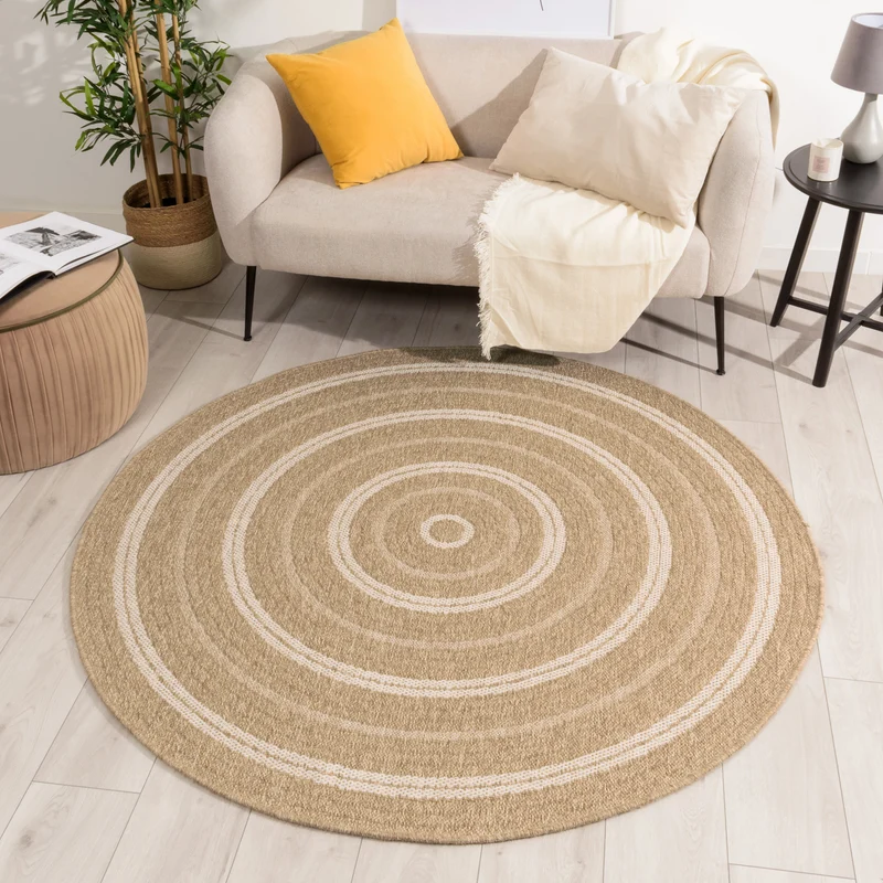 NATURE - Tapis rond effet jute naturel avec motifs circulaires blancs - NAT8863BLA