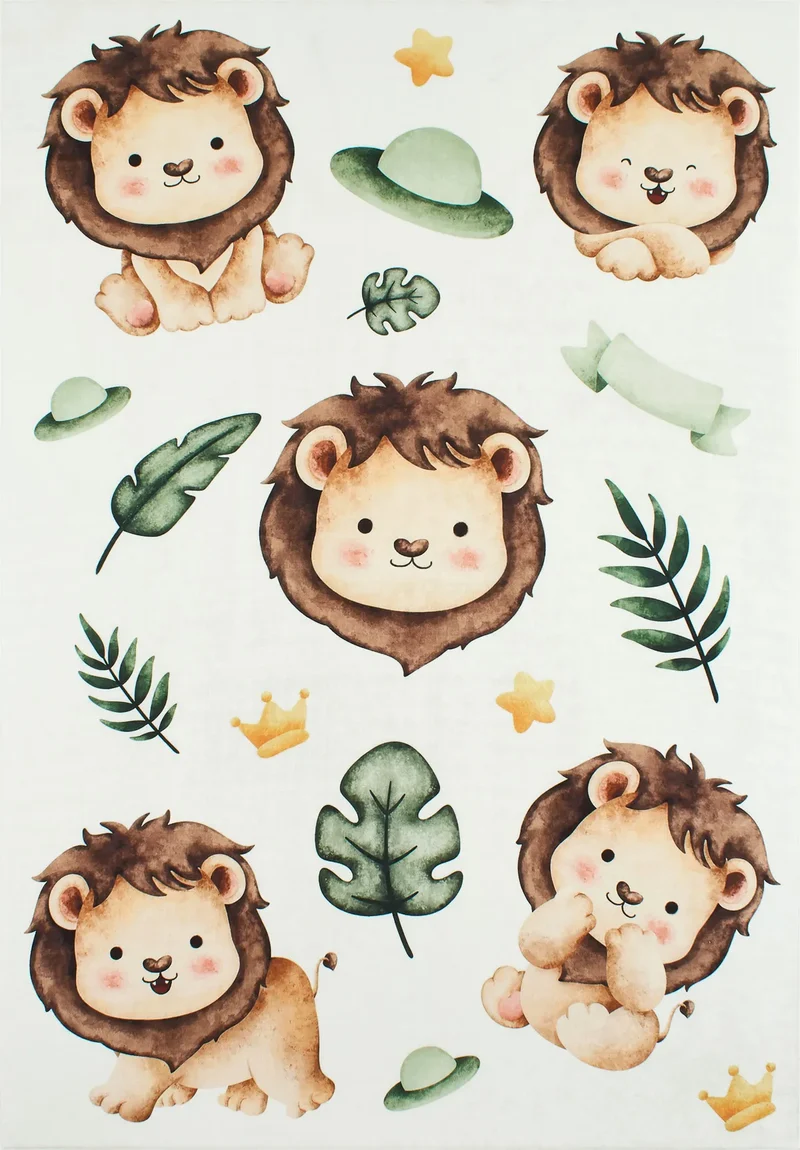 HAPPY - Tapis chambre enfant blanc à motifs lions de la jungle - HAP747BEI