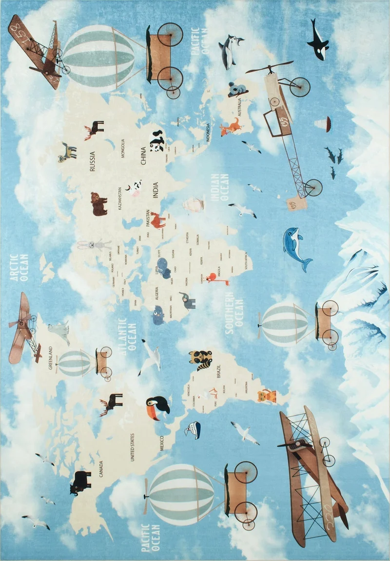 HAPPY - Tapis chambre enfant bleu à motifs carte du monde - HAP746BLE