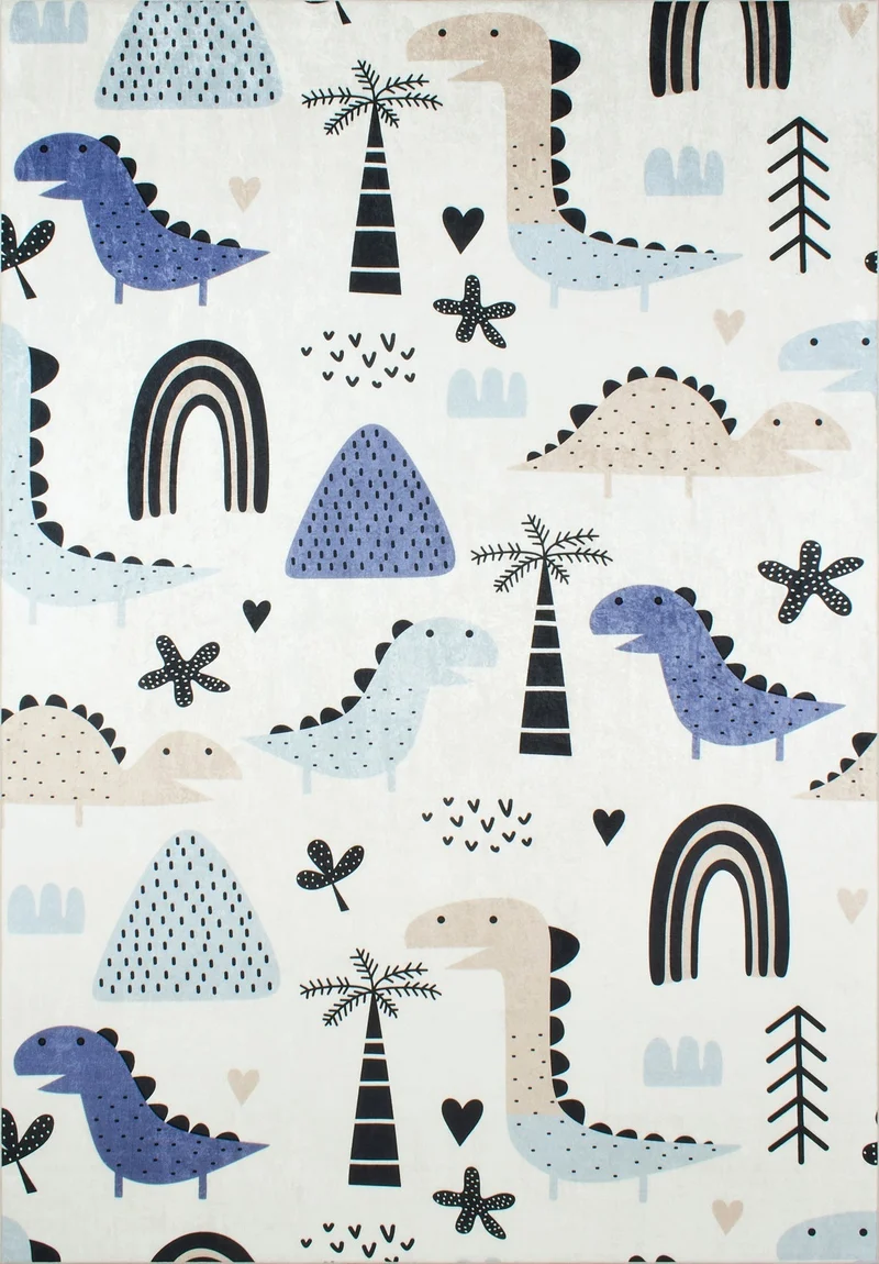 HAPPY - Tapis chambre enfant blanc à motifs dinosaures bleu - HAP740BLE