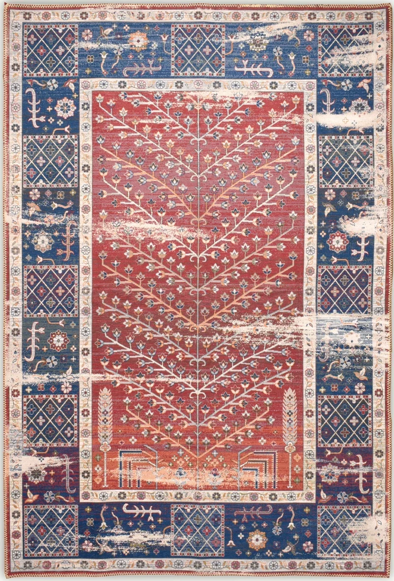 RADOM - Tapis de salon lavable en machine rouge et bleu - RAD038RED