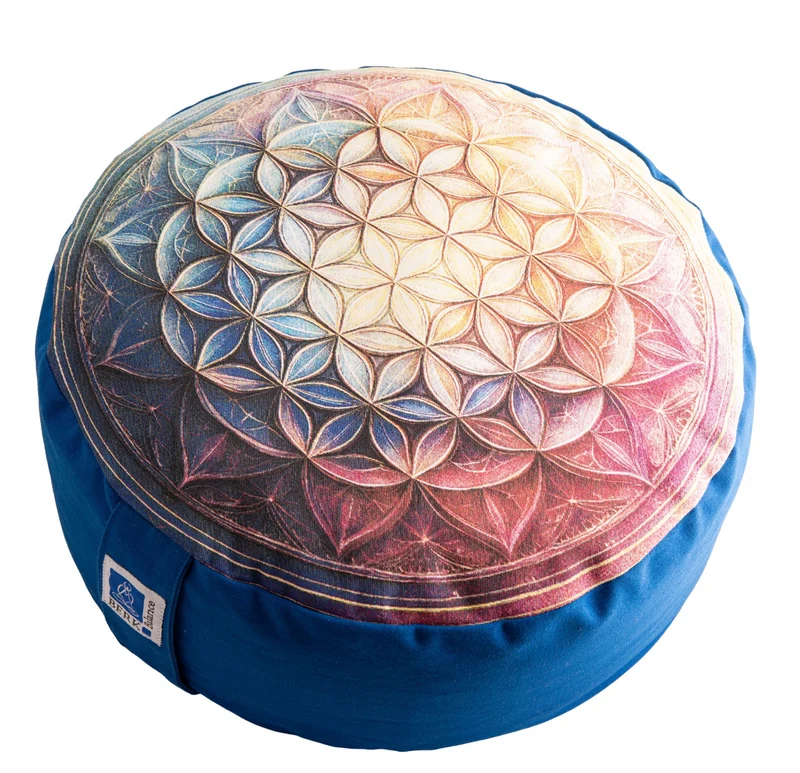 Coussin de méditation rond grand format « Fleur de Vie » bleu