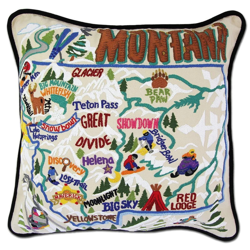 Ski Montana Embroidered CatStudio Pillow