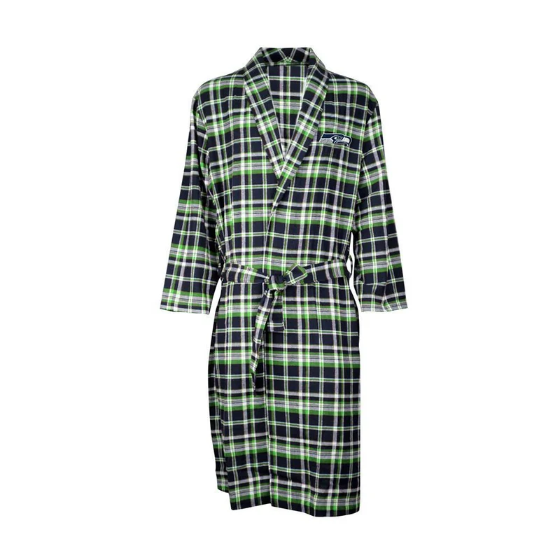 Seattle Seahawks Mens Navy/Seahawk Green Plaid Flannel Bathrobe