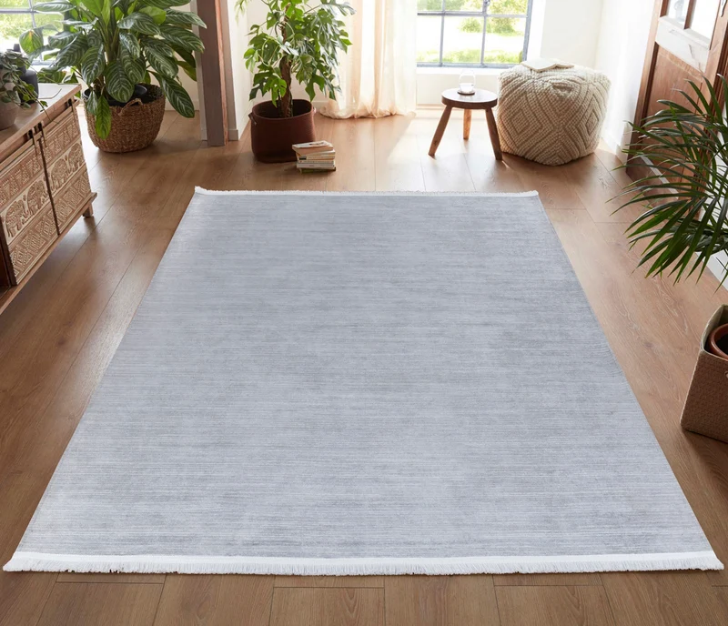 Tapis moderne uni EFE 1090 Gris à franges blanches